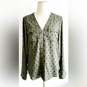 Express chiffon olive green polka dot long sleeve blouse size S